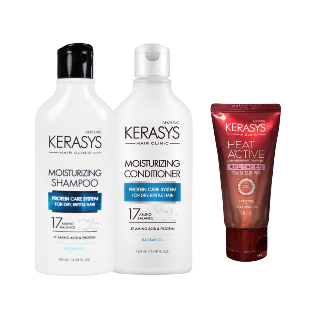 Shampoo e Condicionador Kerasys Moisturizing 2x180ml + Kerasys Leave-in Reparador Ativo ao Calor 50ml