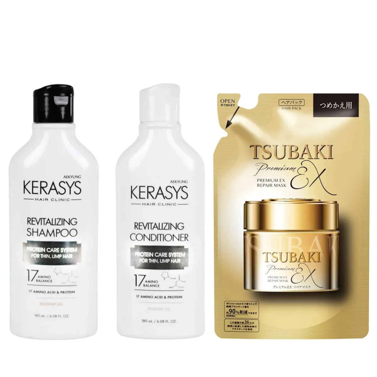 Kit Revitalizante Kerasys & Tsubaki – Shampoo + Condicionador 180ml + Máscara Premium Repair 150g (Refil)