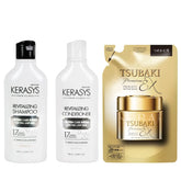 Kit Revitalizante Kerasys & Tsubaki – Shampoo + Condicionador 180ml + Máscara Premium Repair 150g (Refil)