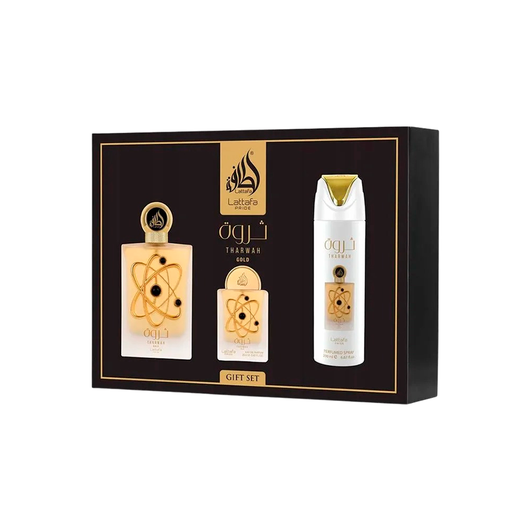 Kit Lattafa Tharwah Gold 100ml + 20ml + Spray 200ml